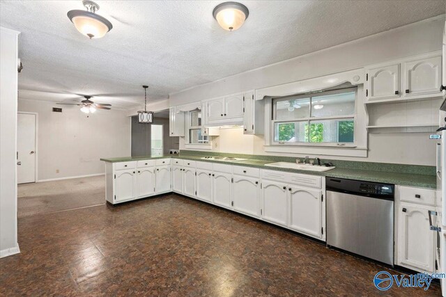 kitchen with white cabinetry, kitchen peninsula, dishwasher, hanging light fixtures, and sink