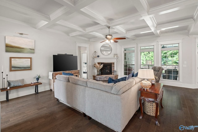 155 Holbrook Dr, Huntsville, AL 35806 - living area featuring dark wood-style floors, ceiling fan, beamed ceiling, a stone fireplace, and coffered ceiling