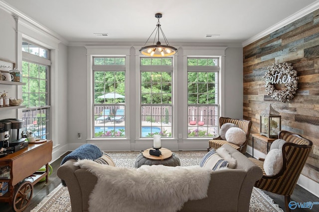 155 Holbrook Dr, Huntsville, AL 35806 - living area featuring crown molding, wood finished floors, and wood walls