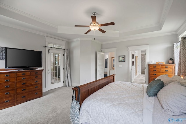 155 Holbrook Dr, Huntsville, AL 35806 - bedroom featuring a raised ceiling, carpet floors, multiple windows, crown molding, and access to exterior