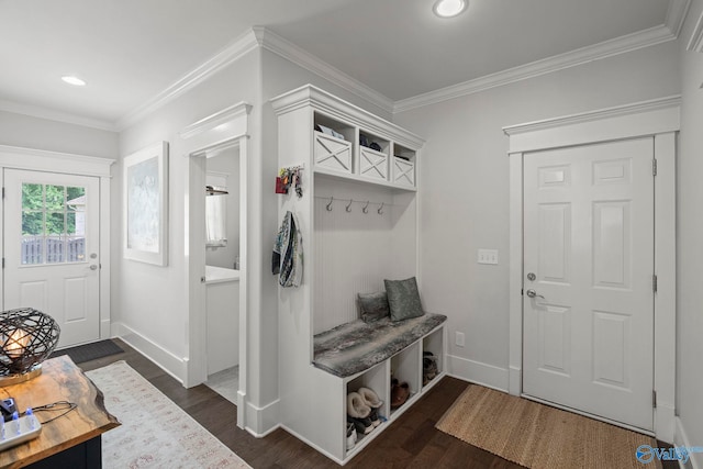 155 Holbrook Dr, Huntsville, AL 35806 - mudroom with dark wood-style flooring, recessed lighting, and ornamental molding