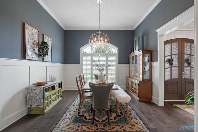 155 Holbrook Dr, Huntsville, AL 35806 - dining area featuring a chandelier, french doors, a wainscoted wall, crown molding, and dark wood-type flooring