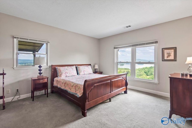 bedroom with baseboards, a textured ceiling, visible vents, and carpet flooring