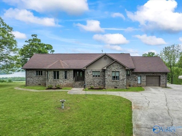 view of front facade featuring a garage, crawl space, a front lawn, and concrete driveway