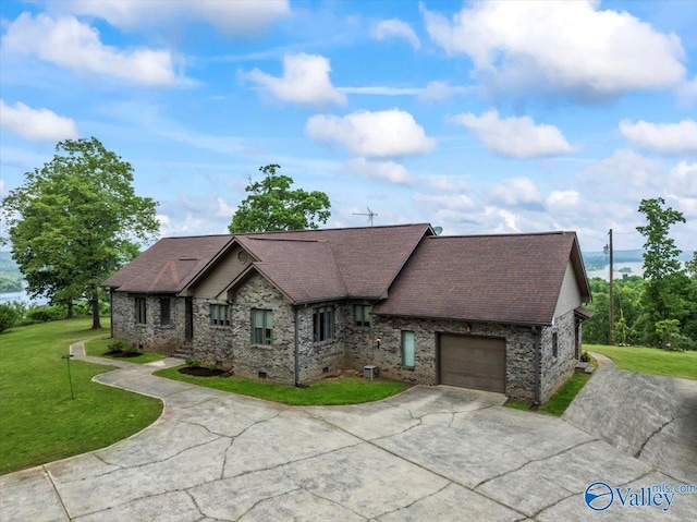 view of front of property with an attached garage, a shingled roof, concrete driveway, crawl space, and a front lawn