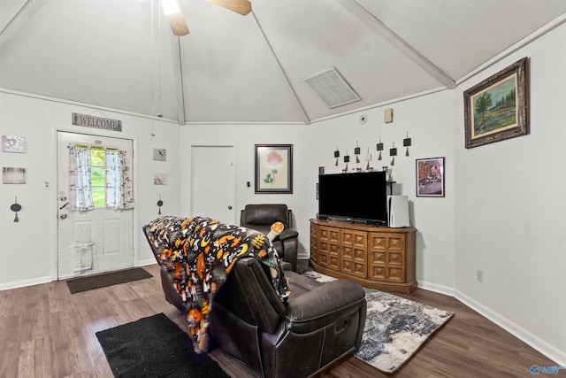 living room featuring high vaulted ceiling, ceiling fan, and hardwood / wood-style floors