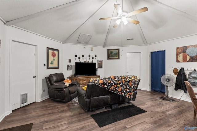 living room featuring ceiling fan, lofted ceiling, and hardwood / wood-style floors