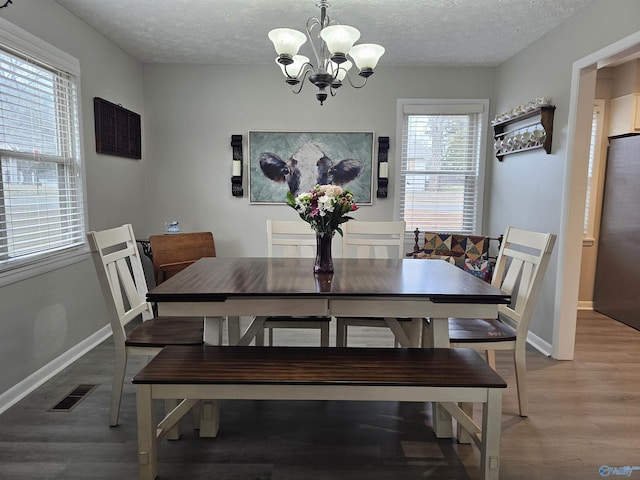 dining area with a healthy amount of sunlight, hardwood / wood-style flooring, and a textured ceiling
