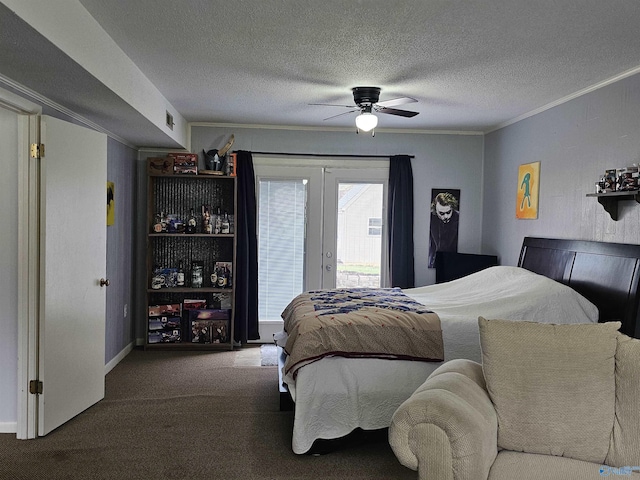 carpeted bedroom featuring french doors, access to exterior, ornamental molding, ceiling fan, and a textured ceiling