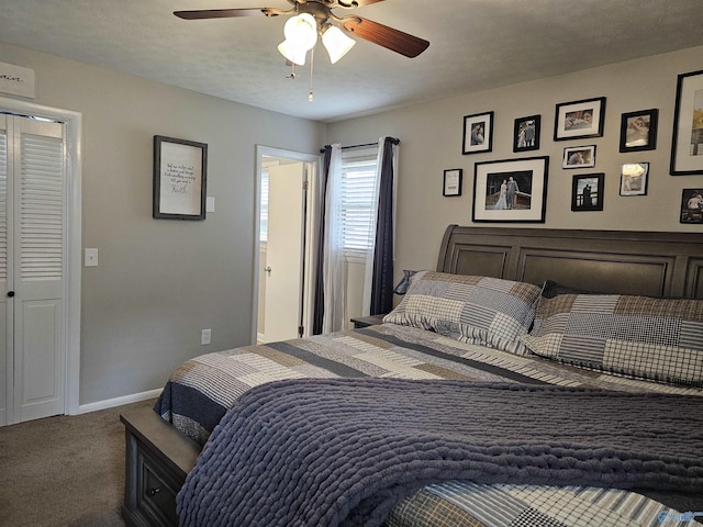 carpeted bedroom featuring ceiling fan