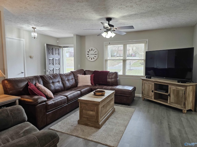 living room with ceiling fan, a textured ceiling, and hardwood / wood-style floors