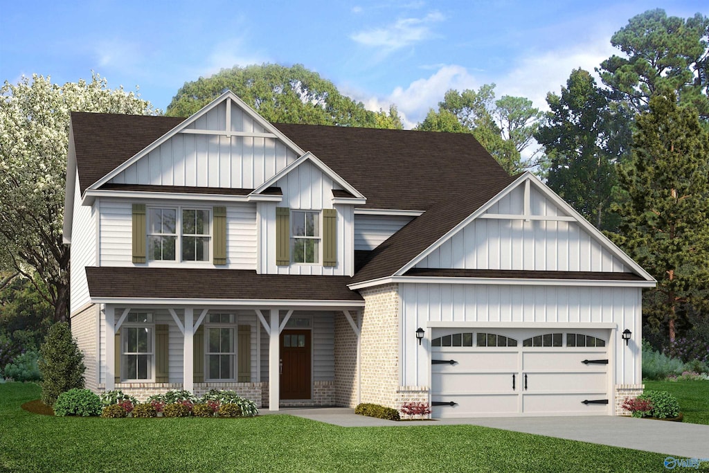 view of front of house featuring covered porch, a garage, board and batten siding, a front yard, and driveway
