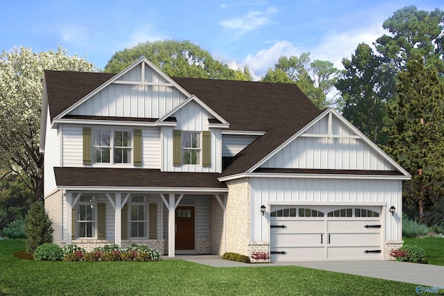view of front of house featuring covered porch, a garage, board and batten siding, a front yard, and driveway