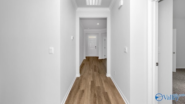 hallway with crown molding and hardwood / wood-style floors