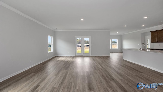 unfurnished living room featuring dark wood-type flooring, crown molding, and sink