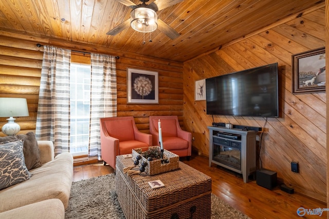 living room featuring log walls, wood-type flooring, ceiling fan, and wooden ceiling