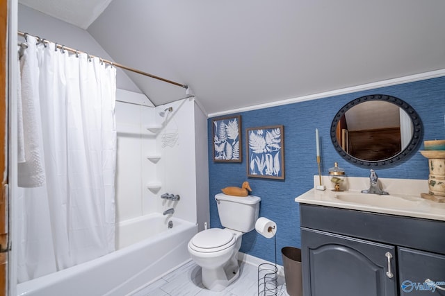 full bathroom with shower / bathtub combination with curtain, tile patterned flooring, vaulted ceiling, toilet, and vanity