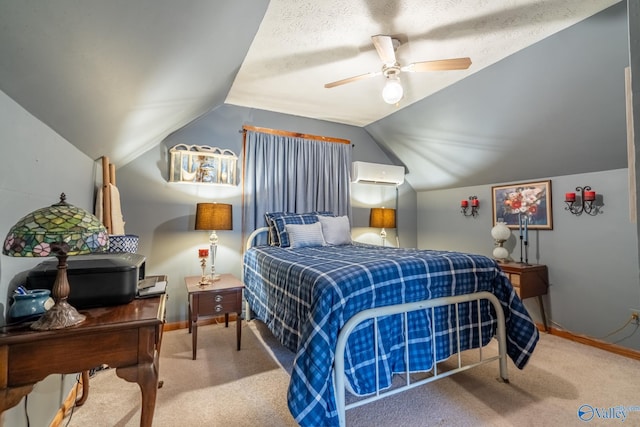 bedroom featuring carpet, a textured ceiling, a wall mounted AC, ceiling fan, and lofted ceiling