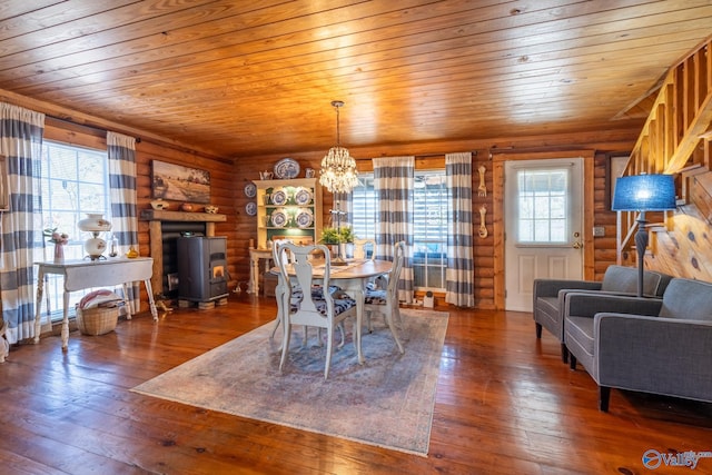 dining space featuring a wood stove, dark hardwood / wood-style flooring, rustic walls, and wooden ceiling