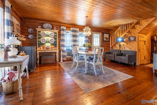 dining room featuring wooden ceiling, dark wood-type flooring, log walls, and an inviting chandelier