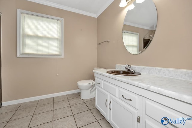 bathroom featuring ornamental molding, tile patterned flooring, vanity, and toilet