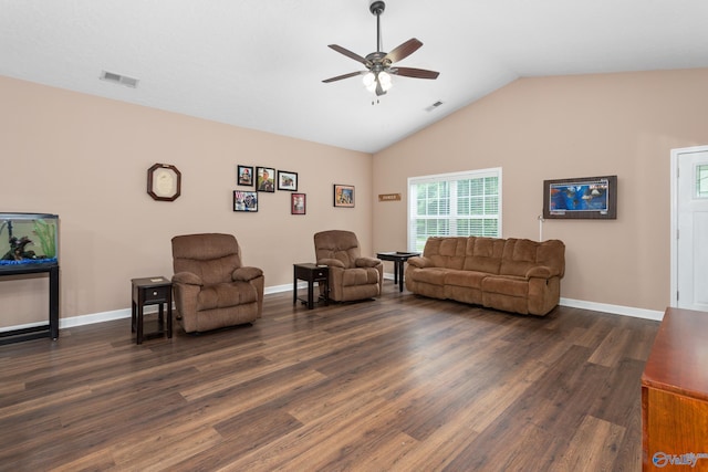 7110 New Bethel Rd, Hokes Bluff, AL 35903 - living room with ceiling fan, dark wood-style flooring, vaulted ceiling, and baseboards