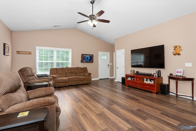 7110 New Bethel Rd, Hokes Bluff, AL 35903 - living room featuring ceiling fan, dark wood-style flooring, lofted ceiling, and baseboards