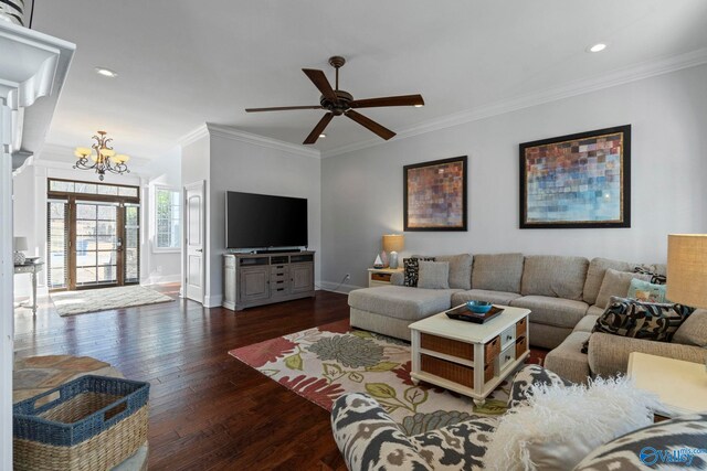 living room featuring ornamental molding, ceiling fan with notable chandelier, and dark wood-type flooring