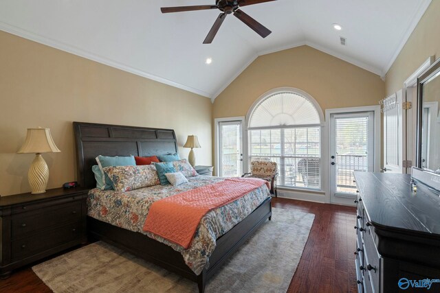 bedroom with dark hardwood / wood-style floors, vaulted ceiling, crown molding, and access to exterior