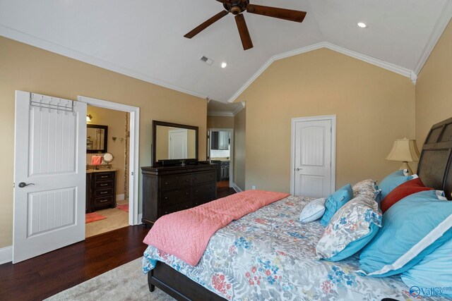 bedroom with wood-type flooring, ceiling fan, ensuite bath, crown molding, and lofted ceiling