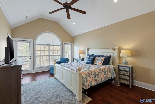 bedroom with ceiling fan, ornamental molding, access to outside, lofted ceiling, and dark wood-type flooring