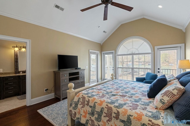 bedroom featuring access to outside, ceiling fan, dark hardwood / wood-style floors, vaulted ceiling, and ornamental molding