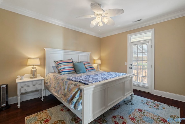 bedroom featuring access to outside, dark hardwood / wood-style flooring, ornamental molding, and ceiling fan