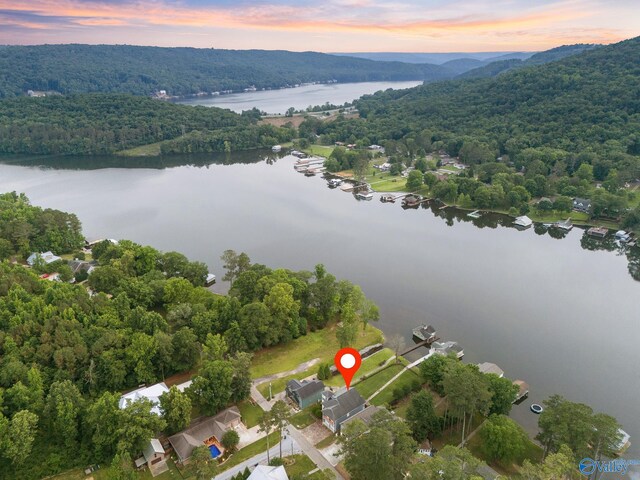 aerial view at dusk with a water view