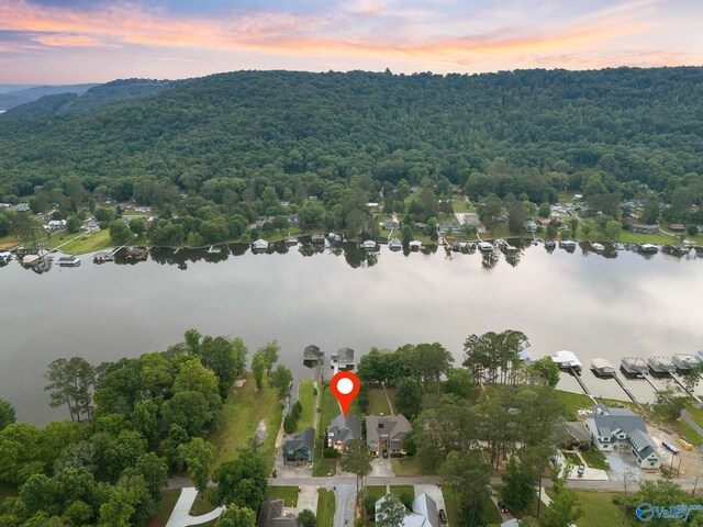 aerial view at dusk with a water view