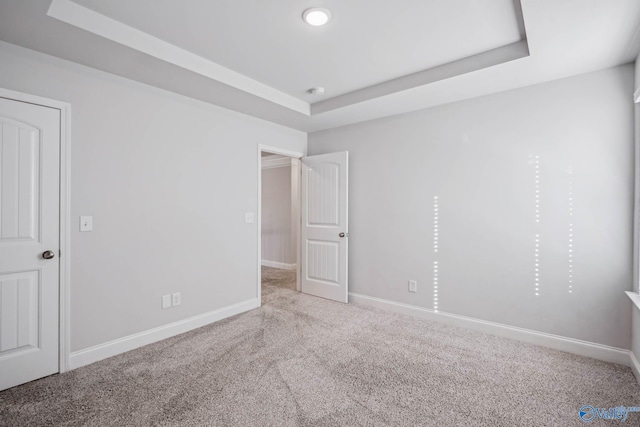 unfurnished bedroom featuring a raised ceiling and carpet