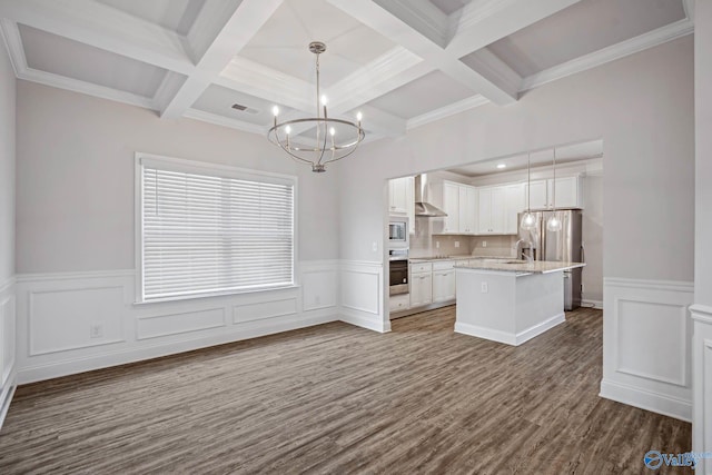 kitchen with pendant lighting, white cabinetry, beam ceiling, stainless steel appliances, and a center island with sink