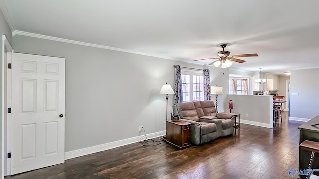 living room featuring ceiling fan, dark wood-type flooring, and ornamental molding