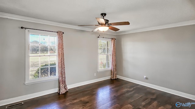 unfurnished room with dark hardwood / wood-style floors, ceiling fan, and crown molding