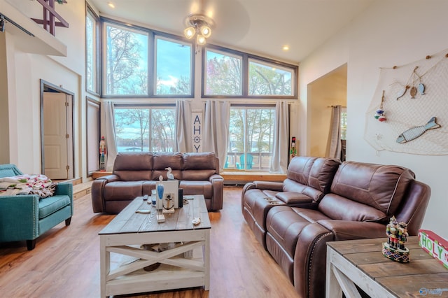 living room featuring light hardwood / wood-style floors, high vaulted ceiling, and plenty of natural light
