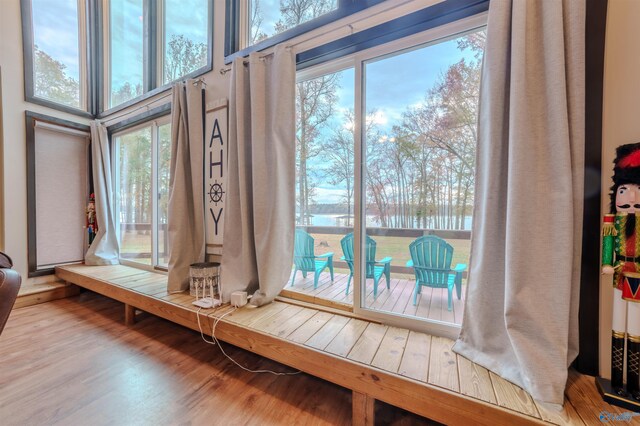 room details with hardwood / wood-style floors and a water view