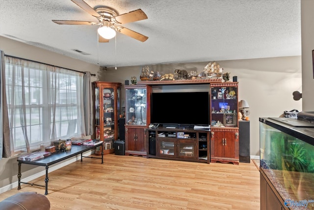 1004 Carter Grove Rd, Hazel Green, AL 35750 - living room featuring a textured ceiling, visible vents, ceiling fan, and wood finished floors