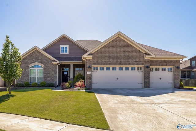 view of front of property with a front lawn, a garage, brick siding, driveway, and roof with shingles