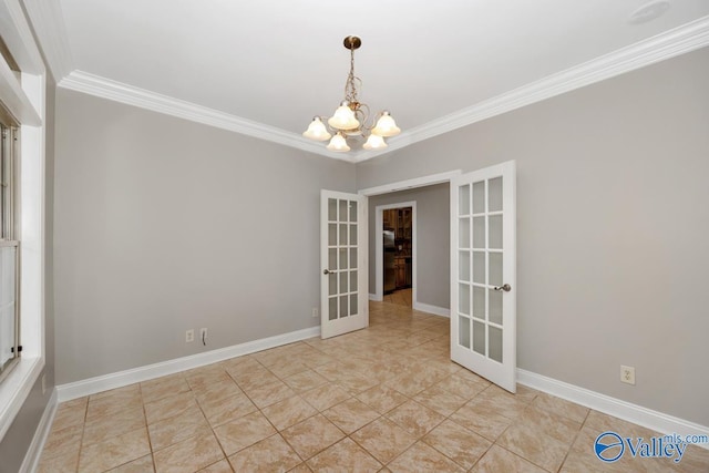 unfurnished room with ornamental molding, an inviting chandelier, french doors, and light tile patterned flooring