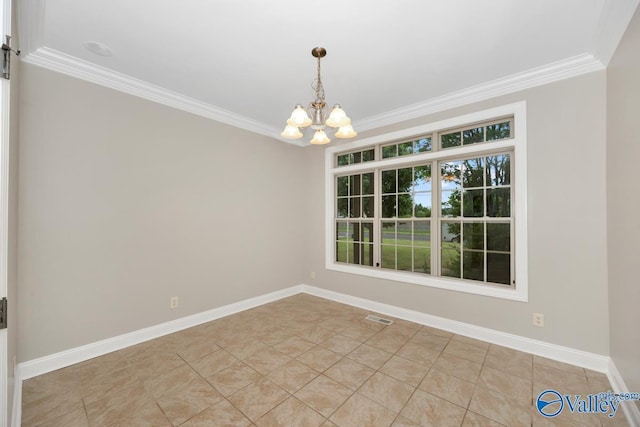 unfurnished room featuring a chandelier, ornamental molding, baseboards, and visible vents