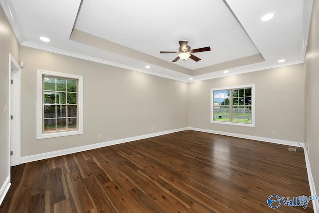 empty room featuring a healthy amount of sunlight, a tray ceiling, ceiling fan, and dark wood-type flooring