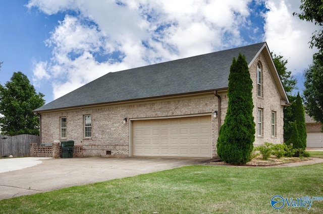 view of side of property featuring concrete driveway, a shingled roof, brick siding, and an attached garage
