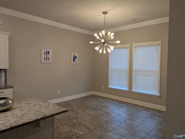 unfurnished dining area with a chandelier and ornamental molding