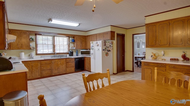 kitchen featuring stainless steel microwave, range hood, white refrigerator with ice dispenser, light floors, and dishwasher