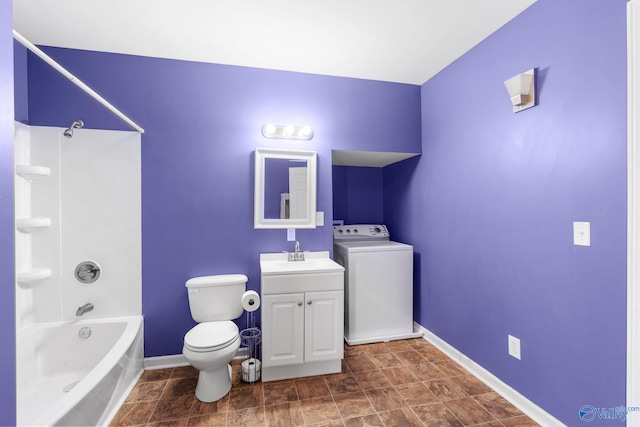 full bathroom with vanity, toilet, baseboards, washer / clothes dryer, and  shower combination